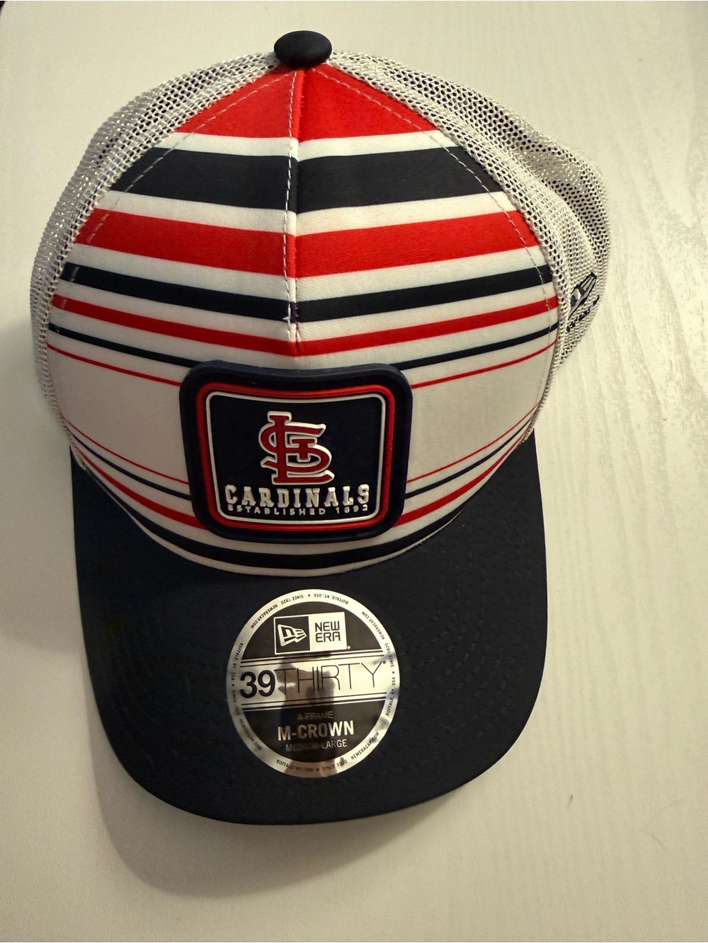 New Era Cardinals Striped Red White Navy Trucker Hat